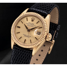 Afbeelding in Gallery-weergave laden, Rolex Datejust 26mm 6517 Champagne Wijzerplaat Geelgoud en Zwarte Leren Band Horloge