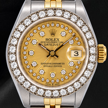 Afbeelding in Gallery-weergave laden, Rolex Datejust 26mm 6917 Champagne String Diamanten Wijzerplaat Tweekleurig Jubilee-armband Horloge