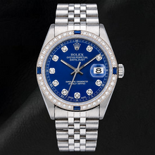 Afbeelding in Gallery-weergave laden, Rolex Datejust 36mm 1601 Blauwe Diamanten Wijzerplaat Diamanten Lunette Roestvrij Staal Horloge