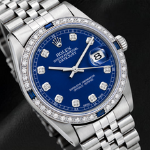 Afbeelding in Gallery-weergave laden, Rolex Datejust 36mm 1601 Blauwe Diamanten Wijzerplaat Diamanten Lunette Roestvrij Staal Horloge