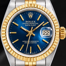 Afbeelding in Gallery-weergave laden, Rolex Datejust 6917 26 mm Blauwe Wijzerplaat met Streepindexen Gekartelde Lunette Tweekleurige Jubilee-armband Horloge
