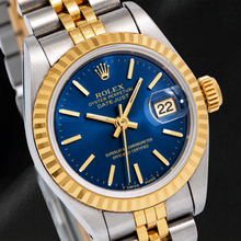 Afbeelding in Gallery-weergave laden, Rolex Datejust 6917 26 mm Blauwe Wijzerplaat met Streepindexen Gekartelde Lunette Tweekleurige Jubilee-armband Horloge