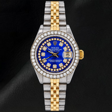 Afbeelding in Gallery-weergave laden, Rolex Datejust 6917 26 mm Horloge, Blauwe Diamanten Wijzerplaat met Diamantensnoer, Tweekleurig, Jubilee-armband