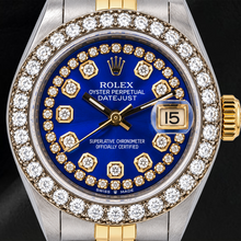 Afbeelding in Gallery-weergave laden, Rolex Datejust 6917 26 mm Horloge, Blauwe Diamanten Wijzerplaat met Diamantensnoer, Tweekleurig, Jubilee-armband