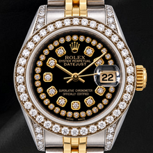 Afbeelding in Gallery-weergave laden, Rolex Datejust 6917 26 mm Zwarte Diamanten Wijzerplaat met Diamantsnoer Tweekleurig Jubilee-armband Horloge