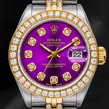 Afbeelding in Gallery-weergave laden, Rolex Datejust 6917 26mm Paarse Diamanten Wijzerplaat Tweekleurig Horloge met Semi-diamanten Jubilee-armband