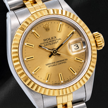 Afbeelding in Gallery-weergave laden, Rolex Datejust 69173 26mm Champagne Wijzerplaat met Streepindexen Tweekleurig Jubilee-armband Horloge