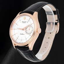 Afbeelding in Gallery-weergave laden, Rolex Oyster Perpetual 50515 39 mm Zilveren Wijzerplaat met Streepindexen Zwarte Leren Band Roségoud Horloge