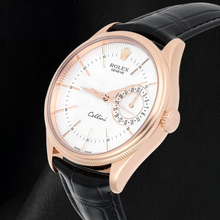 Afbeelding in Gallery-weergave laden, Rolex Oyster Perpetual 50515 39 mm Zilveren Wijzerplaat met Streepindexen Zwarte Leren Band Roségoud Horloge
