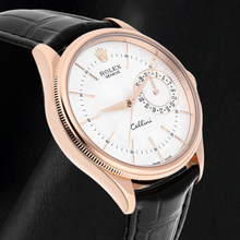 Afbeelding in Gallery-weergave laden, Rolex Oyster Perpetual 50515 39 mm Zilveren Wijzerplaat met Streepindexen Zwarte Leren Band Roségoud Horloge