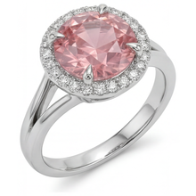 Afbeelding in Gallery-weergave laden, Padparadscha ring 4,3 karaat labgekweekte ronde saffier halo 14K witgoud