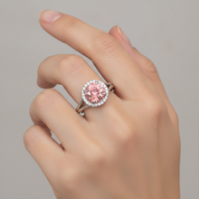 Afbeelding in Gallery-weergave laden, Padparadscha ring 4,3 karaat labgekweekte ronde saffier halo 14K witgoud