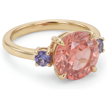 Afbeelding in Gallery-weergave laden, Antieke padparadscha saffier ring 4,8 karaat labgekweekt rond driesteens 14K Geelgoud