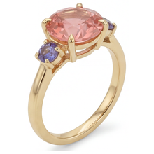Afbeelding in Gallery-weergave laden, Antieke padparadscha saffier ring 4,8 karaat labgekweekt rond driesteens 14K Geelgoud