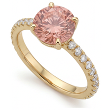 Afbeelding in Gallery-weergave laden, Padparadscha ring 2,3 karaat natuurlijke ronde saffier pavé 14k geelgoud
