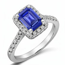 Afbeelding in Gallery-weergave laden, smaragd geslepen blauwe saffier halo ring met diamant 4,25 karaat