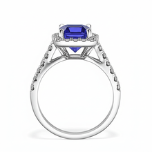 Afbeelding in Gallery-weergave laden, smaragd geslepen blauwe saffier halo ring met diamant 4,25 karaat