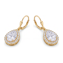Afbeelding in Gallery-weergave laden, Witte diamanten oorhangers 3,5 karaat labgekweekt peervormige halo klapsluiting 14K geelgoud
