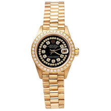 Afbeelding in Gallery-weergave laden, zwarte snaar diamanten wijzerplaat Rolex voorzitter horloge Datumjust diamanten rand