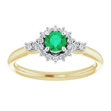 Afbeelding in Gallery-weergave laden, 1,50 karaat diamanten ronde groene smaragd ring tweekleurig goud 14k