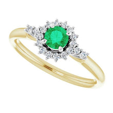 Afbeelding in Gallery-weergave laden, 1,50 karaat diamanten ronde groene smaragd ring tweekleurig goud 14k