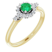 Afbeelding in Gallery-weergave laden, 1,50 karaat diamanten ronde groene smaragd ring tweekleurig goud 14k