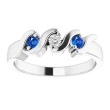Afbeelding in Gallery-weergave laden, 3 stenen ring 0,90 karaat diamant Ceylon blauwe saffier wit goud 14K - harrychadent.nl