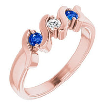 Afbeelding in Gallery-weergave laden, 3 stenen ring diamant blauwe saffier 0,90 karaat roségoud 14K - harrychadent.nl
