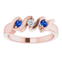 Afbeelding in Gallery-weergave laden, 3 stenen ring diamant blauwe saffier 0,90 karaat roségoud 14K - harrychadent.nl