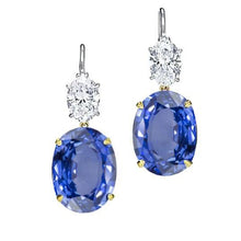Afbeelding in Gallery-weergave laden, 6 karaat ovale Ceylon saffier diamanten Dangle Earring tweekleurig goud - harrychadent.nl