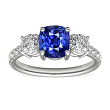 Afbeelding in Gallery-weergave laden, Blauwe saffier & ronde diamanten ring 3,50 karaat 3 stenen stijl sieraden - harrychadent.nl