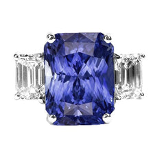 Afbeelding in Gallery-weergave laden, Dames stralende 3 steen blauwe saffier ring 7 karaat smaragd diamanten - harrychadent.nl
