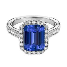 Afbeelding in Gallery-weergave laden, Diamant Halo Smaragd Blauwe Saffier Ring 4 karaat Prong Set Milgrain - harrychadent.nl