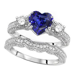 Diamanten trouwring set hart blauwe saffier antieke stijl 3,50 karaat