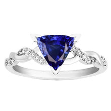 Afbeelding in Gallery-weergave laden, Diamond Trillion V Prong Blue Sapphire Ring 2 karaats gedraaide stijl - harrychadent.nl