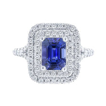 Afbeelding in Gallery-weergave laden, Dubbele Halo Trouwring Smaragd Blauwe Saffier & Diamanten 4 Karaat