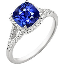 Afbeelding in Gallery-weergave laden, Halo Ring Kussen Sri Lankaanse Saffier 4 Karaat Split Shank Sieraden - harrychadent.nl