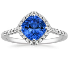 Afbeelding in Gallery-weergave laden, Kussen geslepen blauwe saffier & ronde diamanten ring 3 ct. Wit goud 14K - harrychadent.nl