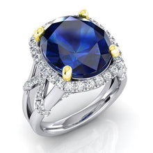 Afbeelding in Gallery-weergave laden, Ovale blauwe saffier en ronde geslepen diamanten edelsteen ring 7.81 karaat