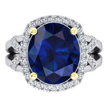 Afbeelding in Gallery-weergave laden, Ovale blauwe saffier en ronde geslepen diamanten edelsteen ring 7.81 karaat
