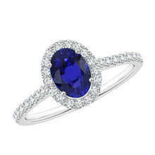 Afbeelding in Gallery-weergave laden, Ovale diamanten Halo verlovingsring 5,50 karaat Ceylon saffier geaccentueerd - harrychadent.nl