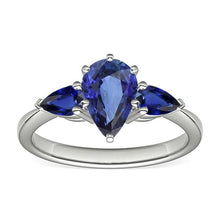 Afbeelding in Gallery-weergave laden, Peer blauwe saffier drie stenen ring 2 karaat witgoud 14K - harrychadent.nl