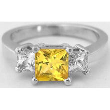 Afbeelding in Gallery-weergave laden, Princess Diamond gele saffier ring 5 karaat 3 steen wit goud 14K - harrychadent.nl
