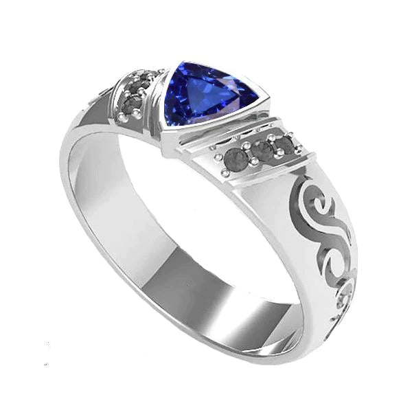  Zwarte Diamant Heren Ring Bezel Set Blauwe Saffier Antieke Stijl 1.50 Ct