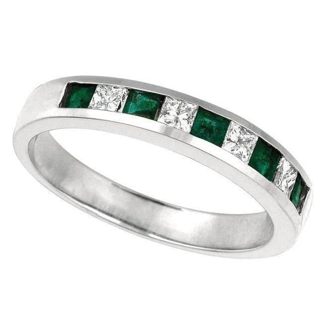 0,60 karaat groene smaragd en prinses geslepen diamanten band nieuw wit goud
