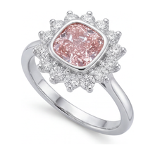 Afbeelding in Gallery-weergave laden, Verlovingsring met roze edelsteen, 1 karaat labgekweekte kussenvormige diamant, halo, 14K witgoud
