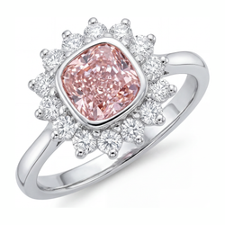 Verlovingsring met roze edelsteen, 1 karaat labgekweekte kussenvormige diamant, halo, 14K witgoud