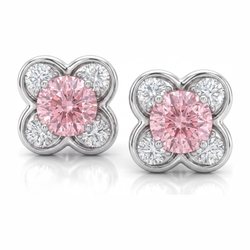 Roze diamanten oorbellen 1 karaat labgekweekt ronde cluster 14K witgoud