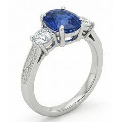 1.5 ct ovale Sri Lanka saffier en Natuurlijke echte diamanten ( niet in een laboratorium gekweekt ) ring met drie stenen goud 14K