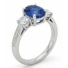 Afbeelding in Gallery-weergave laden, 1.5 ct ovale Sri Lanka saffier en Natuurlijke echte diamanten ( niet in een laboratorium gekweekt ) ring met drie stenen goud 14K
